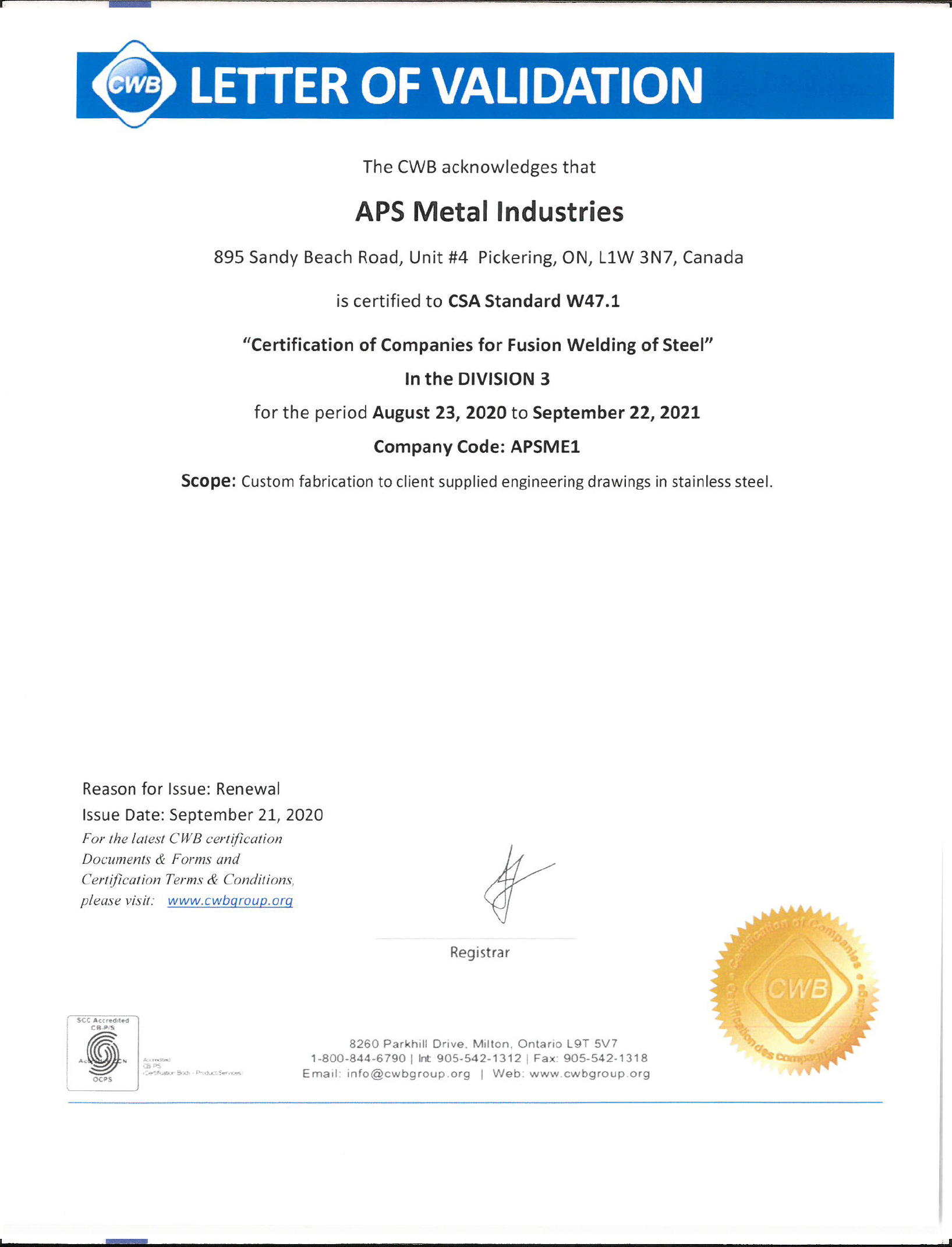 CWB STAINLESS certificate